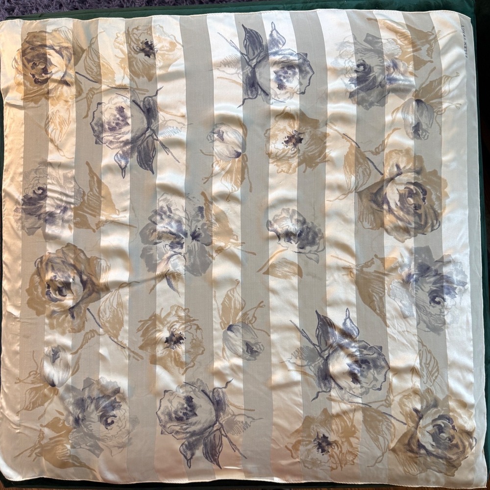 Ellen Tracy 100% Silk Floral Rose Stripe Square Scarf Neutral Gray 35 Inch